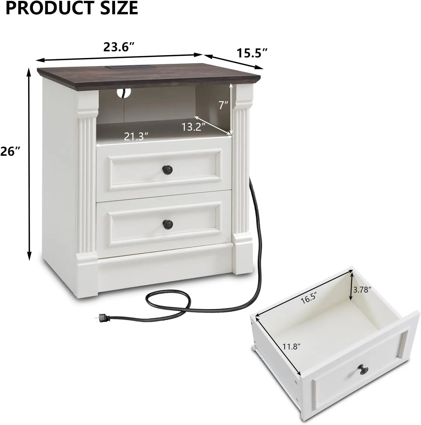 Tall Nightstand with Charging Station, Farmhouse 23.6