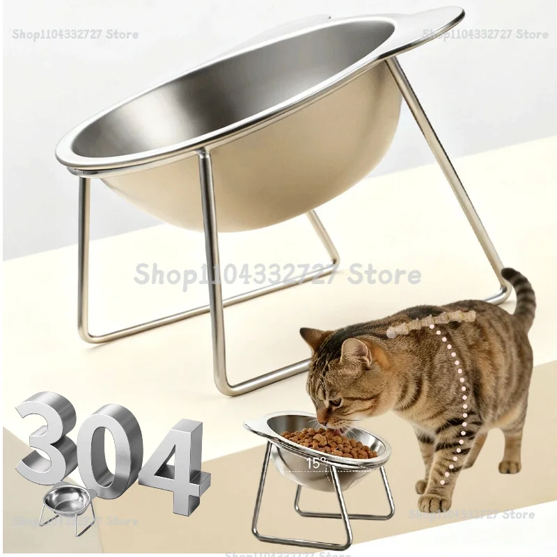 304 Stainless Steel Raised Cat Bowl 15° Tilted Neck Guard Shatterproof for Cats Puppies Healthy Feeding  Pet Products Cat Feeder