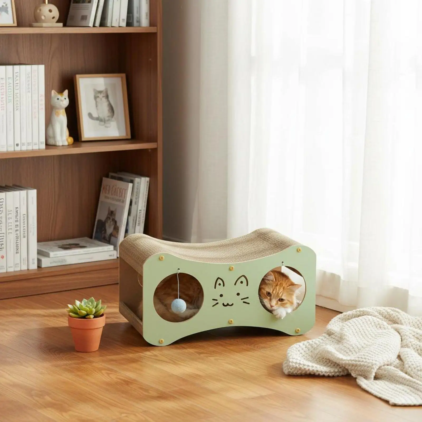 Pet Cat Scratcher Lounge with Curved Cardboard Top and Tunnel Entry for Clawing Napping and Interactive Fun