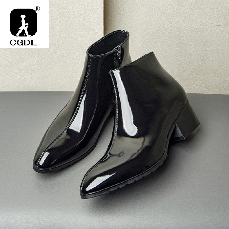 

Patent Leather Mens Boots High Heels Luxury Genuine Leather Winter Designer Handmade Quality Warm Ankle Wedding Social Shoes Man