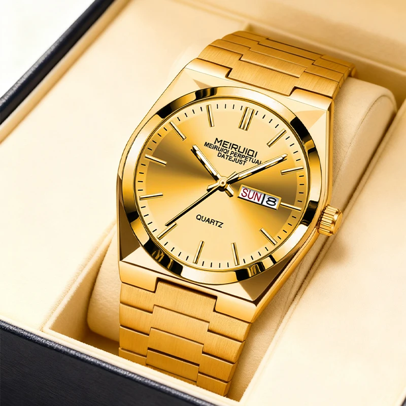 Eine elegante, gelbe Herrenuhr im Casual-Stil mit Quarzwerk zum Ansehen der Stundenanzeige am Sonntag.