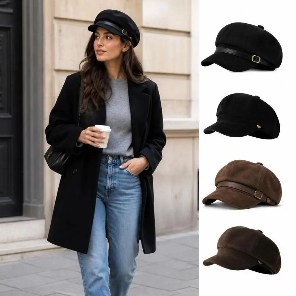 Octagonal Newsboy Cap Leather Belt Decor British Style Octagonal Beret Hat Short Brim Adjustable Strap Baker Boy Cap