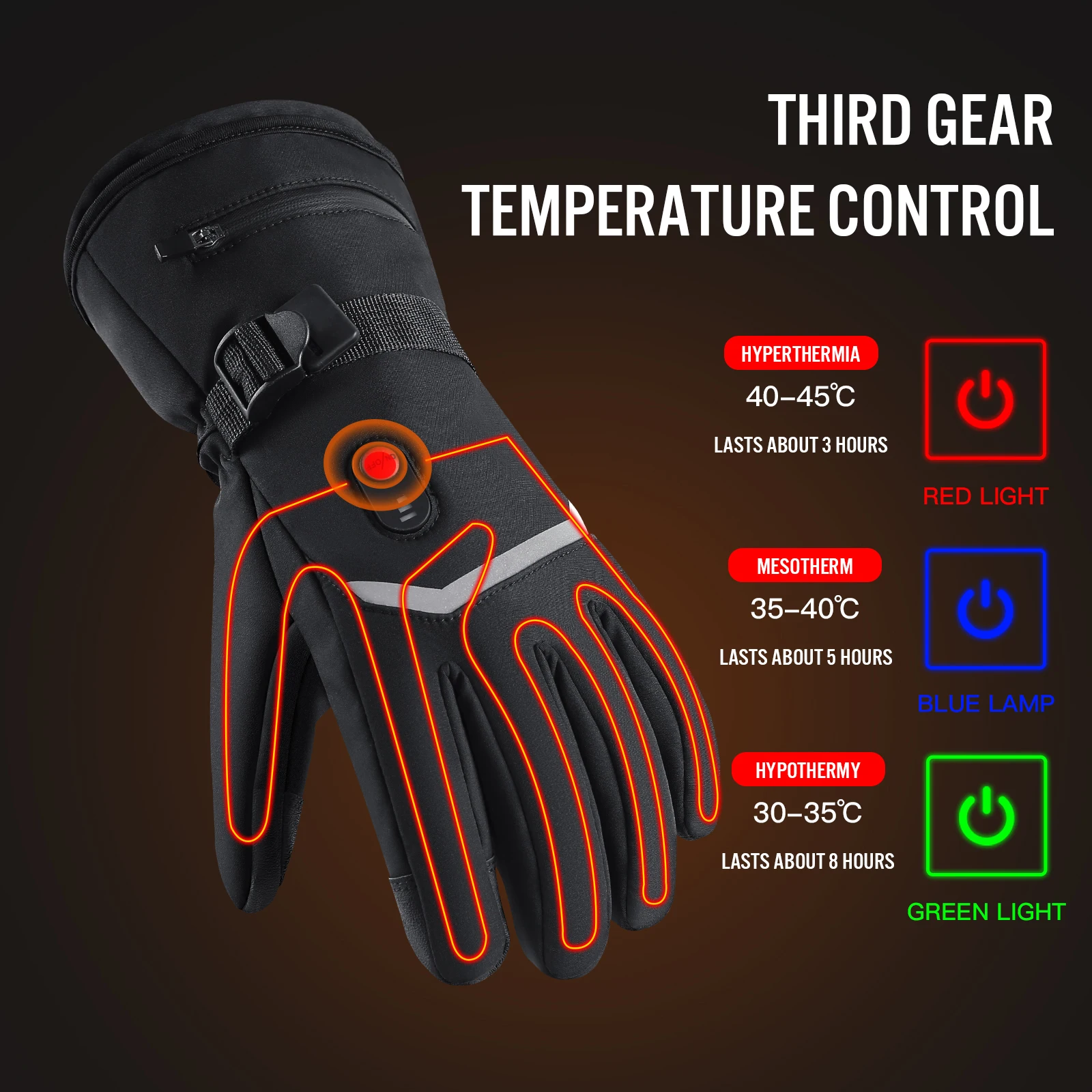Electric heating gloves for winter skiing, adjustable in three levels, touch screen motorcycle gloves with waterproof strap and