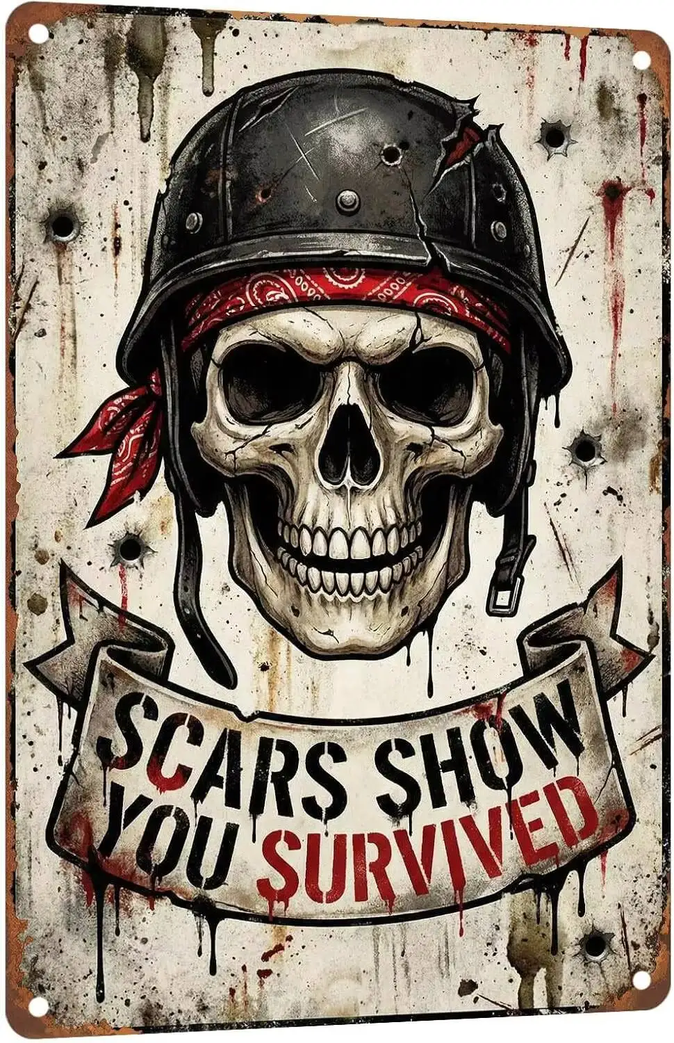 Tinnytign Metal Sign Tin Plaque Retro Military Wall Art Scars Show You Survived Skull Decor Veterans Man Cave Gym Garage Gaming