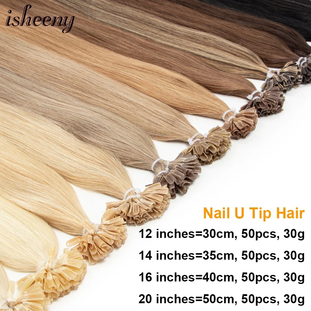 Isheeny u ponta extensões de cabelo humano natural em linha reta 12-20 polegadas máquina remy fusão cabelo loiro 50 pçs 30 g/pacote queratina cabelo