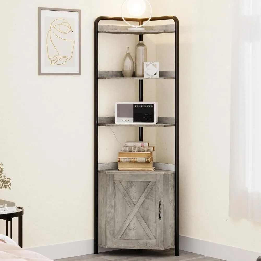 

Угловой шкаф 70,9 дюймов, 5-уровневый высокий угловой шкаф, книжные полки для фермерского дома, стеллаж для хранения в деревенском стиле, промышленный книжный шкаф, подставка для растений f