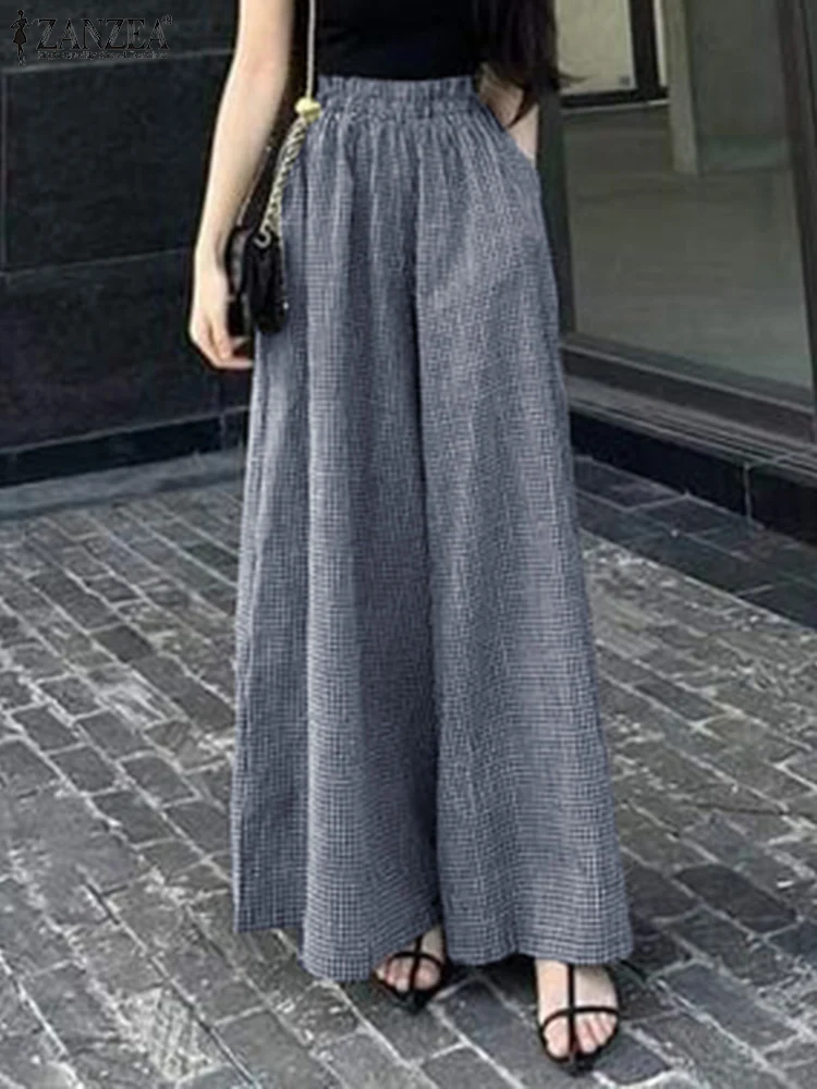 Women Casual Elastic Waist Baggy Pants Vintage Checked Trousers ZANZEA Fashion Work Palazzo Streetwear Elegant Wide Leg Pantalon