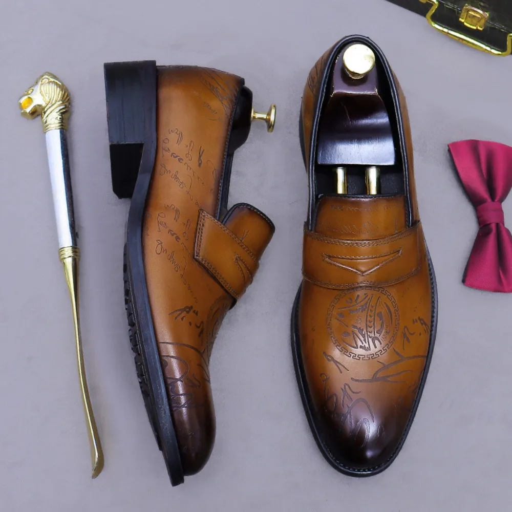 

Genuine Leather Mens Dress Shoes Business Oxford Slip On Loafers Soft Calfskin Formal Shoes with Stylish Letter Design