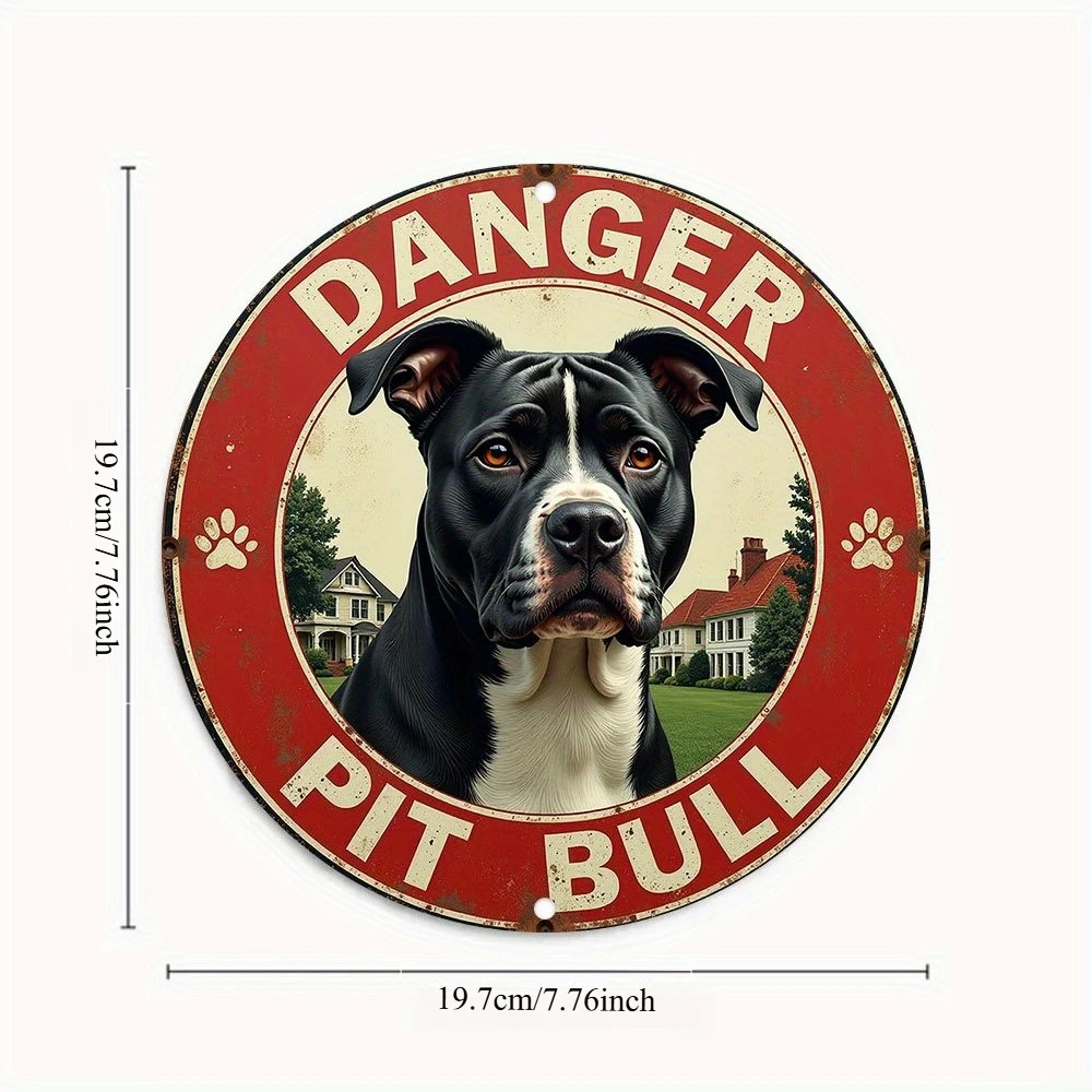 1pc 2D Flat Metal Sign Featuring a Vintage Round Design That Reads 'Danger! Protected by Pitbull'. This Rustic Red And Black Dog