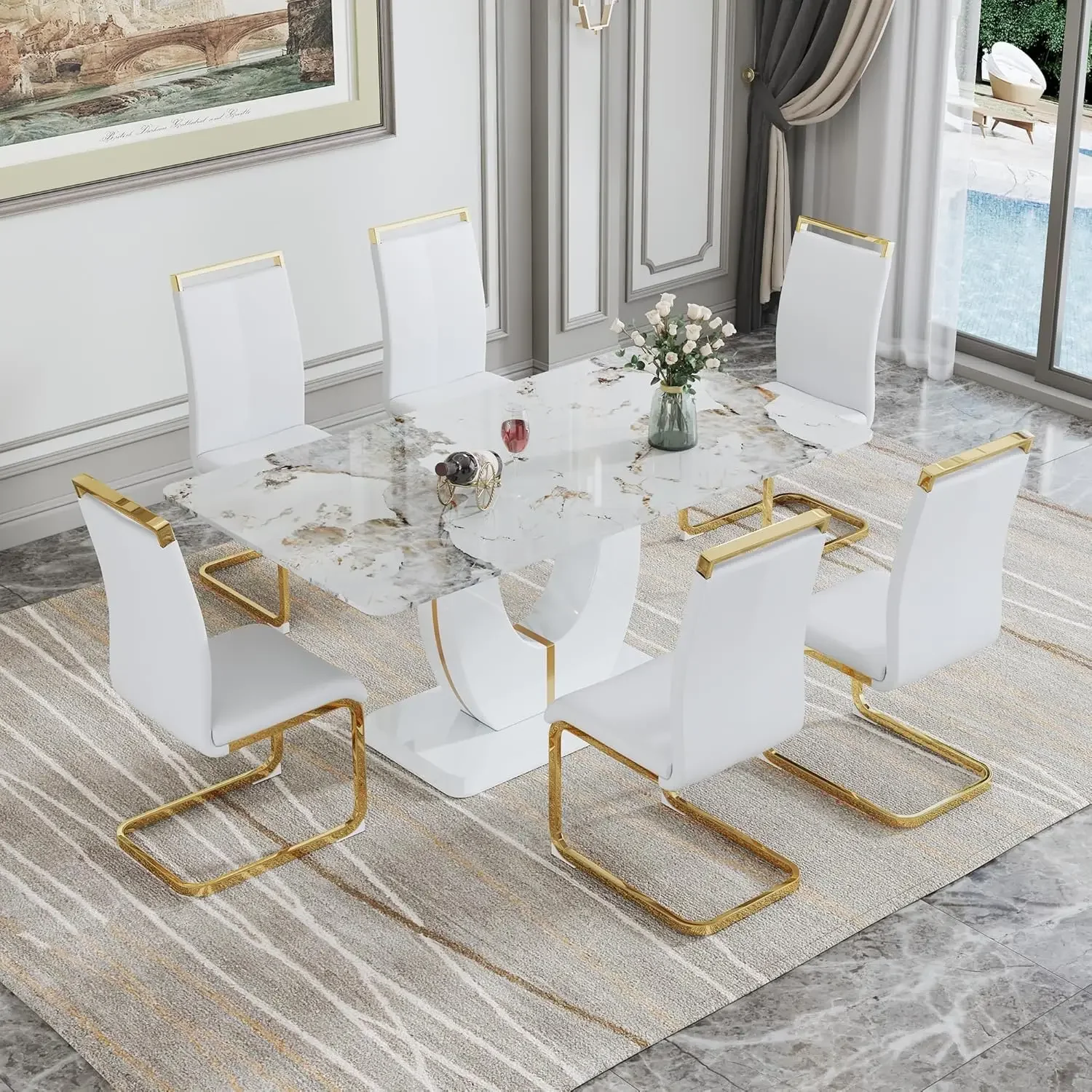 

Table Set for 6 Kitchen Table Chairs Set of 6, Modern Dining Room Set 67'' Faux Marble Dinner Table PU Leather Upholstered