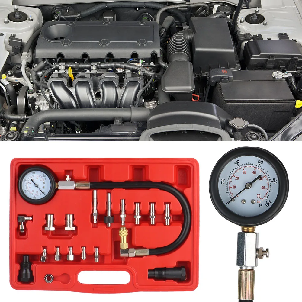 

Gauge Kit Gauge Diagnostic Tools Kit Adapter Set Diesel Engine Cylinder Compression Tester Kit 18PCS TU-15A 0-1000Psi