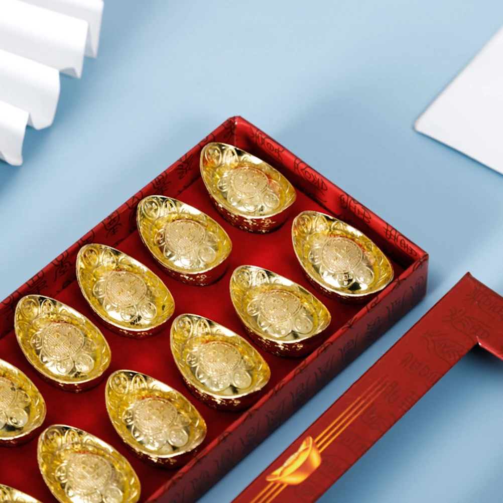 

12 Pcs Ingot Decor Small Size Alloy Craft Home Office Wealth Symbol Golden Ingot Decor Retro Style Metal nament