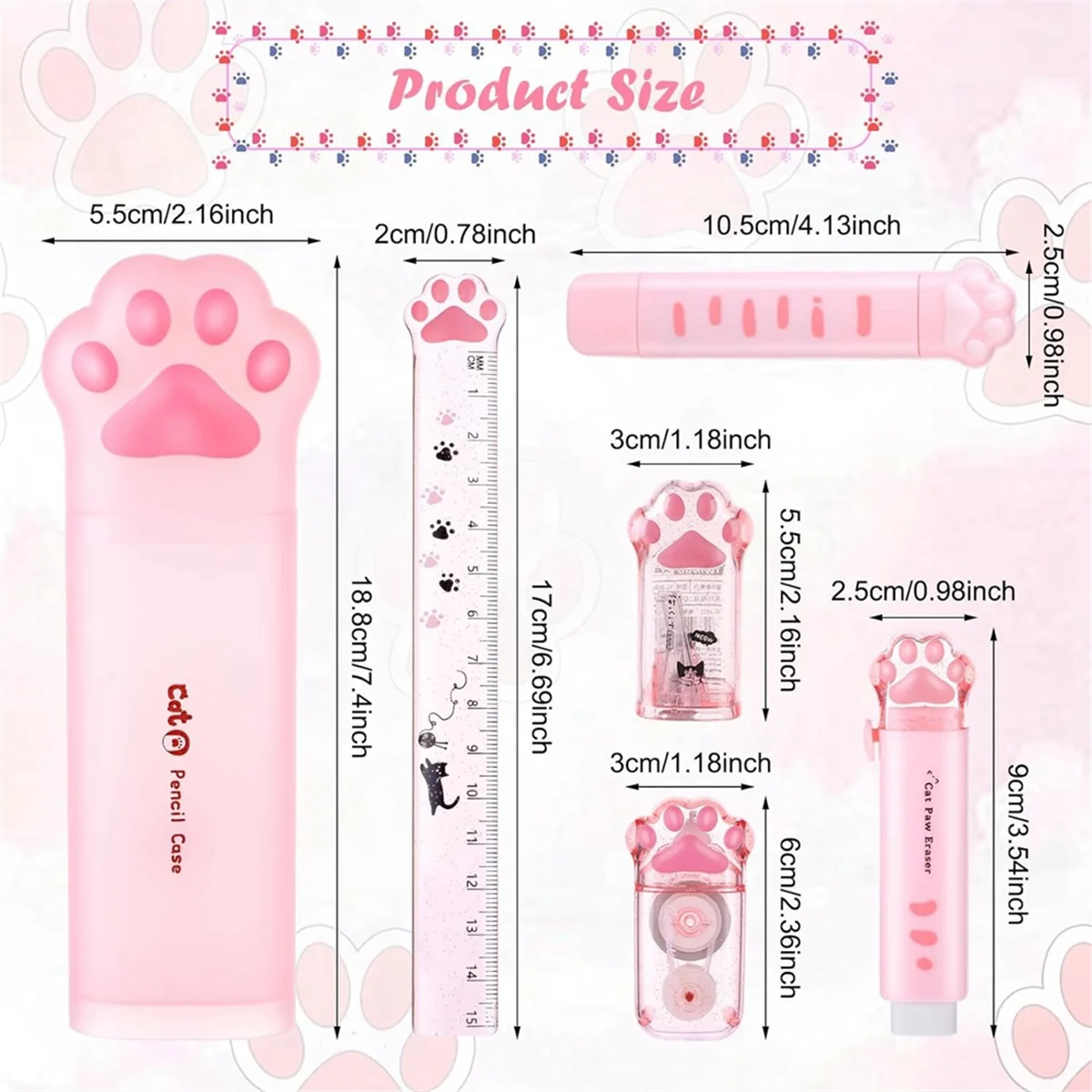 Cute Cat Paw Stationery Set, 6 Pcs Kawaii Cat Stationary Kit Pencil Sharpener Retractable Eraser Correction Tape Ruler