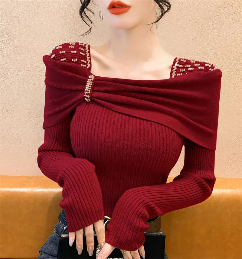 Spring Autumn Solid Color Square Collar Long Sleeve Fashion Sweater Women High Street Casual Slim Embroidered Flares Pullovers