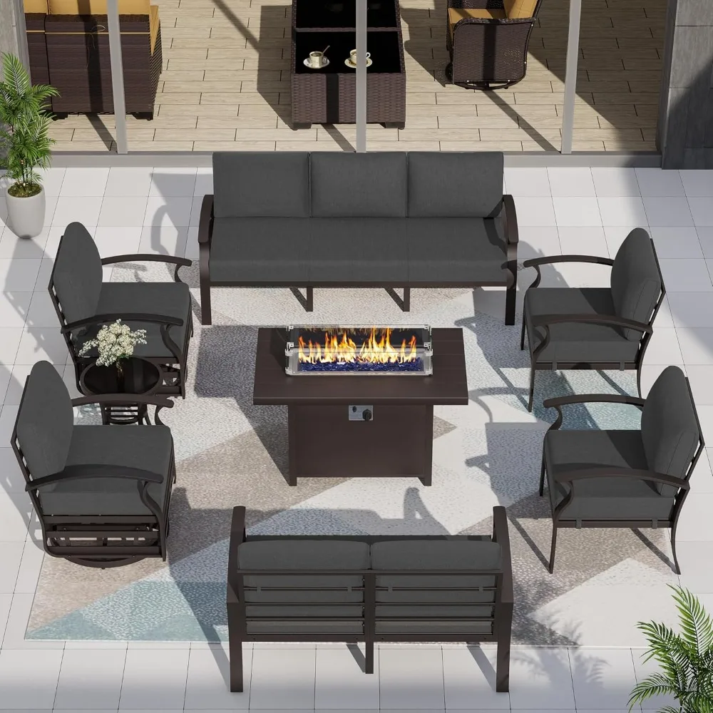 

8-Piece Patio Furniture Set with 55000 BTU Propane Aluminum Fireplace, Thick Cushion, Modern Outdoor Living Room Set