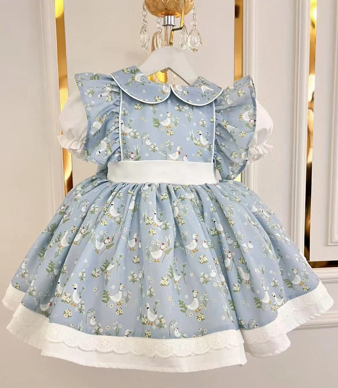 

0-12Y Baby Girl Summer Grayish Blue Ducks Print Vintage Princess Ball Gown Dress for Party Eid Birthday Usual Photograph B217