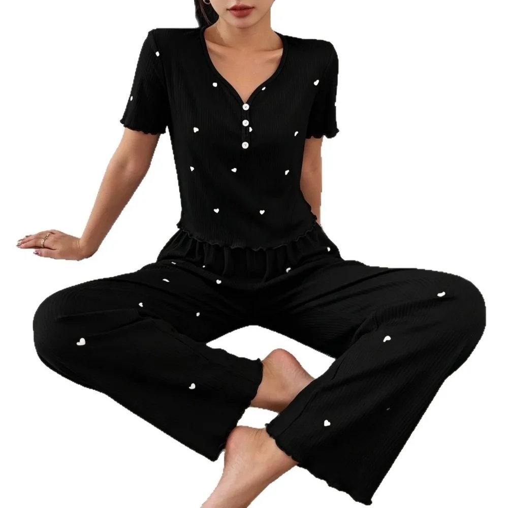 

Homewear Short Sleeve Pajamas Set Heart Striped Nightwear Sets Ruffle V-neck 2Pieces Nightdress Casual