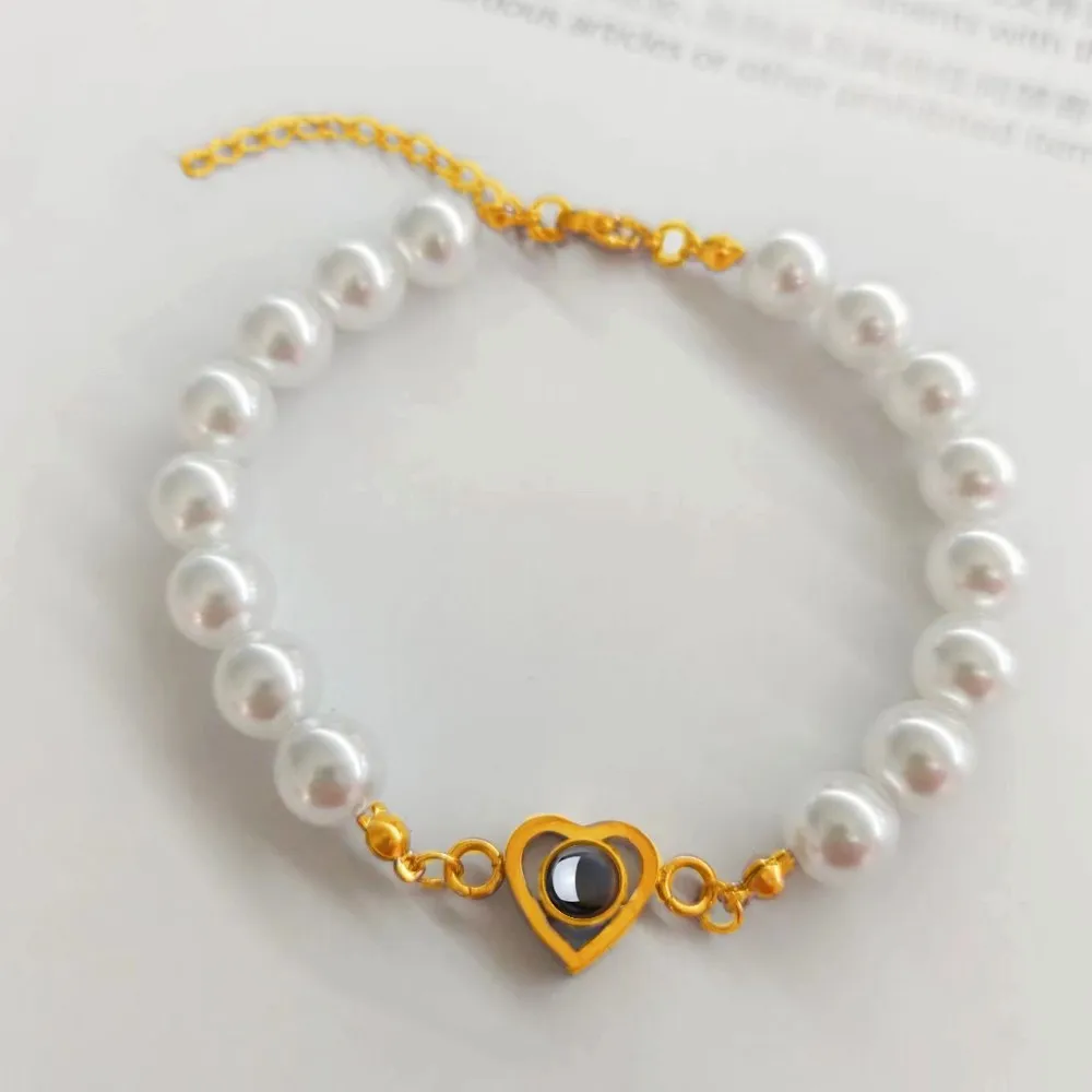 Custom Photo Projection Bracelet Stainless Steel Heart Pendant Pearl Chain Bracelet For Women Gift