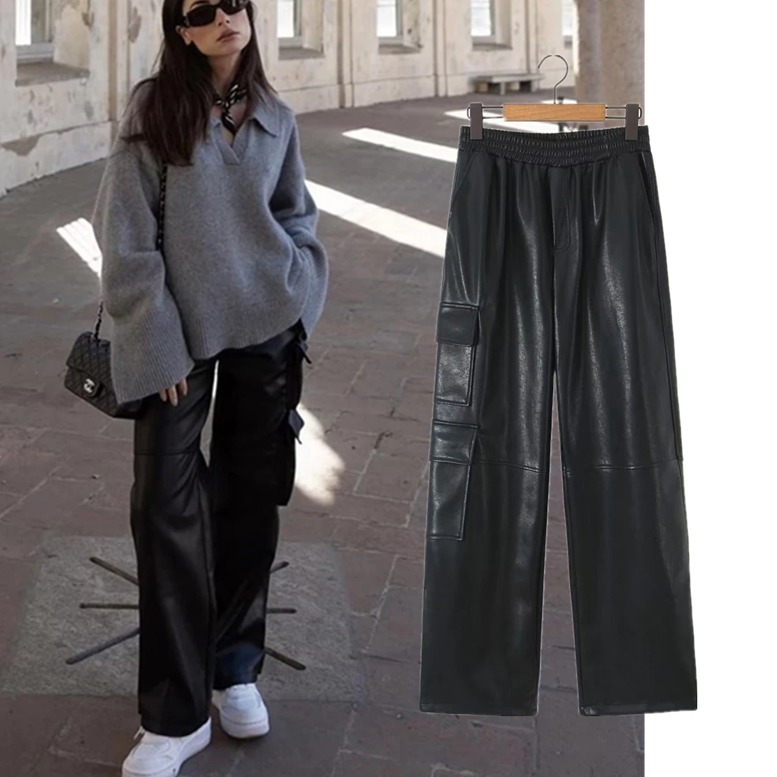 

Jenny&Dave Fashion Blogger Loose Leather Pants Women Harem Trousers High Street Retro Pocket Cargo Casual Pants