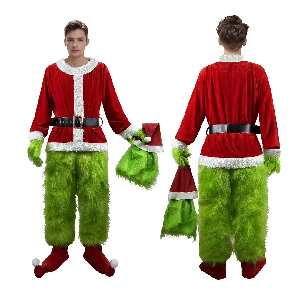 Костюм Санта-Клауса для косплея, зеленый волосатый костюм монстра для вечеринки, реквизит на Хэллоуин, топы, брюки, носки, пояс, шляпа, перчатки, маска