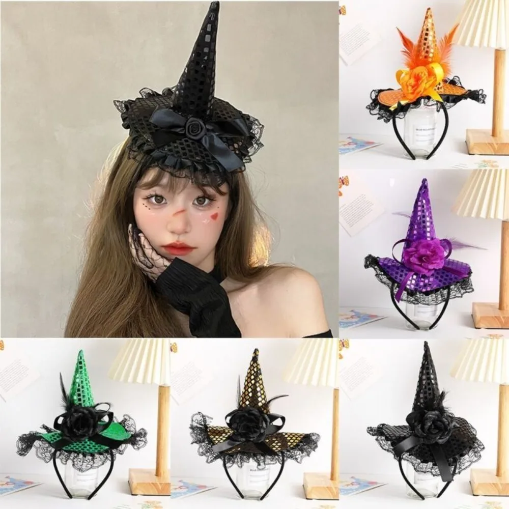 1pc Halloween Fashion Cartoon Witch Hat Cloth Party Decorations Hair Hoop Lace Sequins Headband Halloween Party Hats