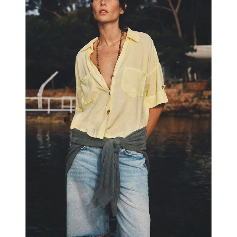 Summer New Casual Sle Mixed Fiber ort Collar irt Women's Loose Fit Polyester Blend UV Protection Pure Color Button up