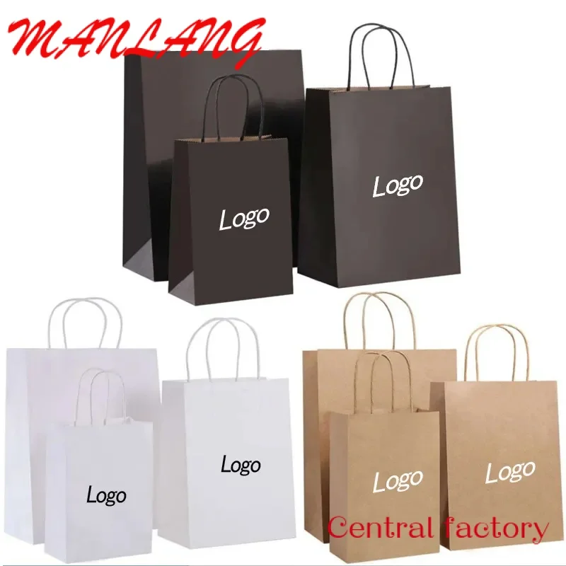 Custom  Custom print shopping gift boutique packaging paper bag black white brown takeaway kraft paper bag with logo for fast fo