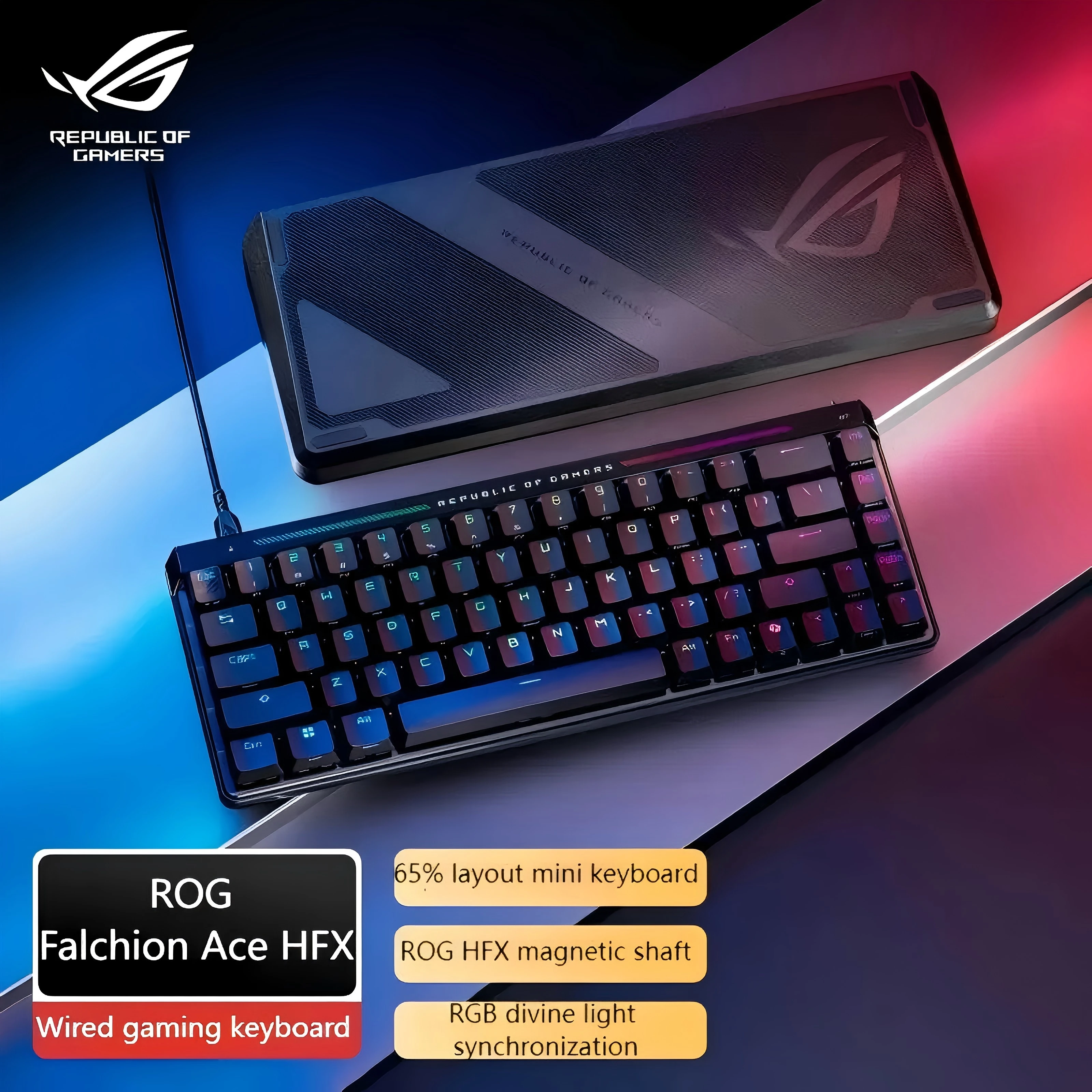

Аналоговая игровая клавиатура ROG Falchion Ace HFX 65%, предварительно смазанные переключатели ROG HFX, интерактивная сенсорная панель, частота заката на 8000 Гц