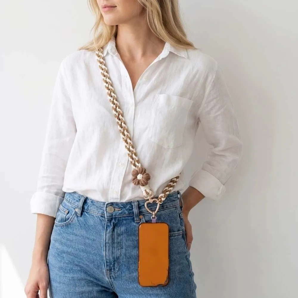 

Detachable Flowers Phone Lanyard Rainbow Color Crossbody Phone Woven Chain Phone Charm Anti-lost Cell Phone Strap