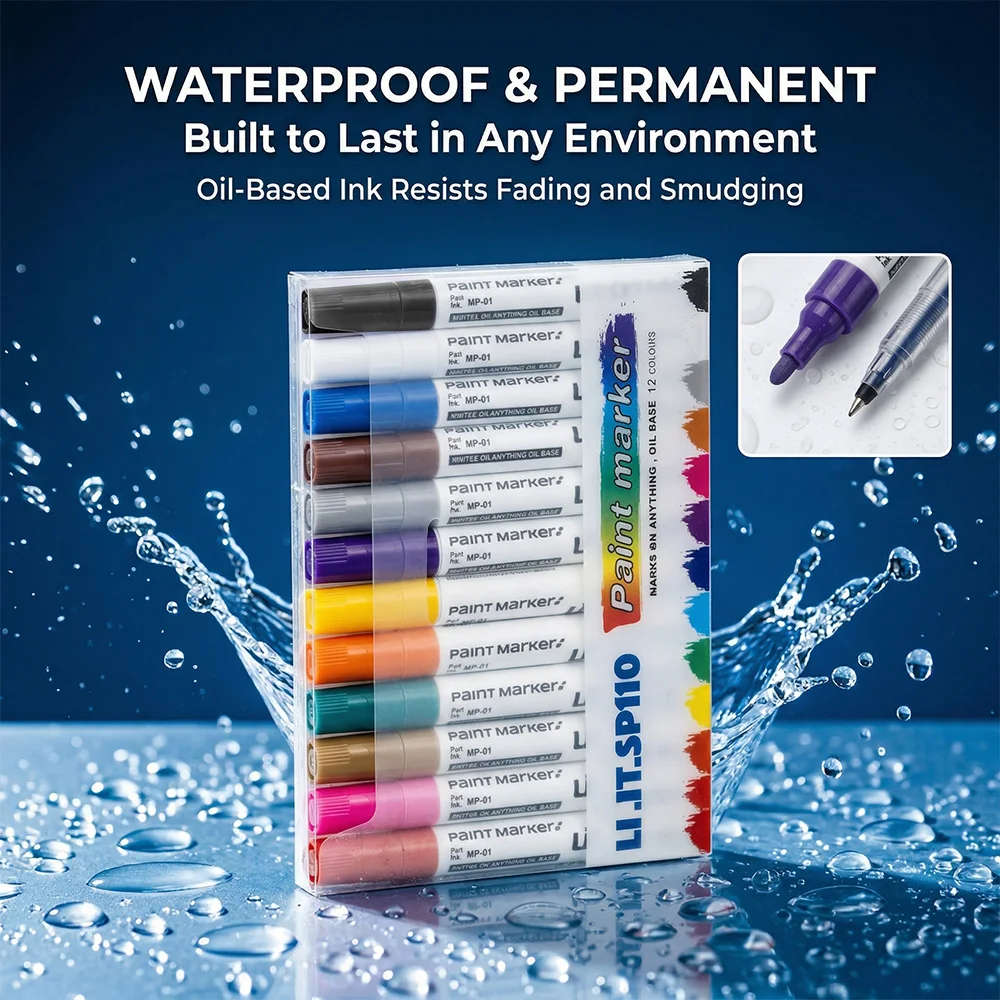 

12 цветов, маркеры для рисования, водонепроницаемые, для творчества, рисования, керамики, металла, устойчивые к размазыванию, школьные и офисные принадлежности