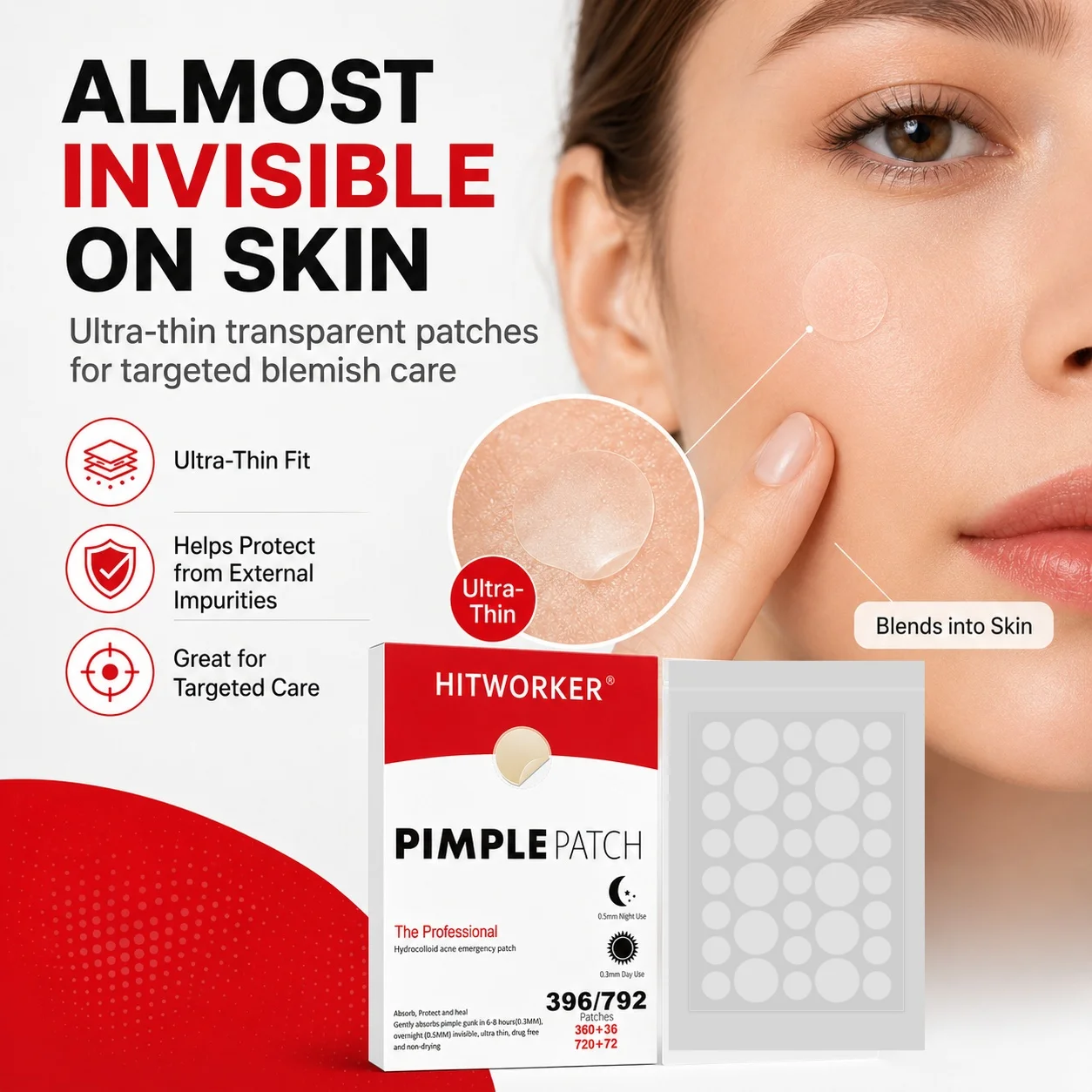 396/792Pcs Hydrocolloid Acne Pimple Patches, Invisible Blemish Spot Cover Stickers, Oil Absorbing Facial Skin Care Zit Patches