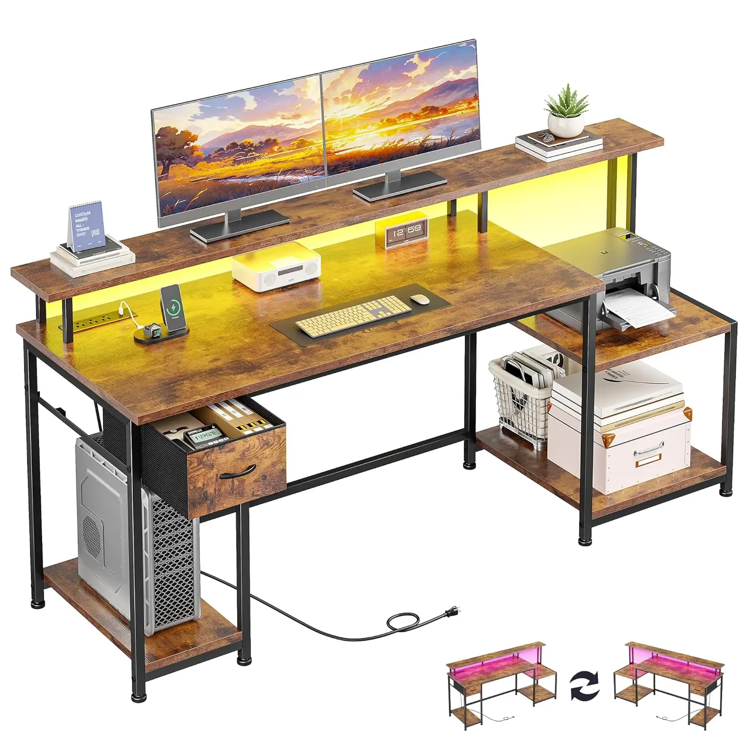 

55in Computer Desk Drawer Printer Shelf File Cabinet LED Power Outlet Monitor Stand Home Office Dorm Brown,Customized