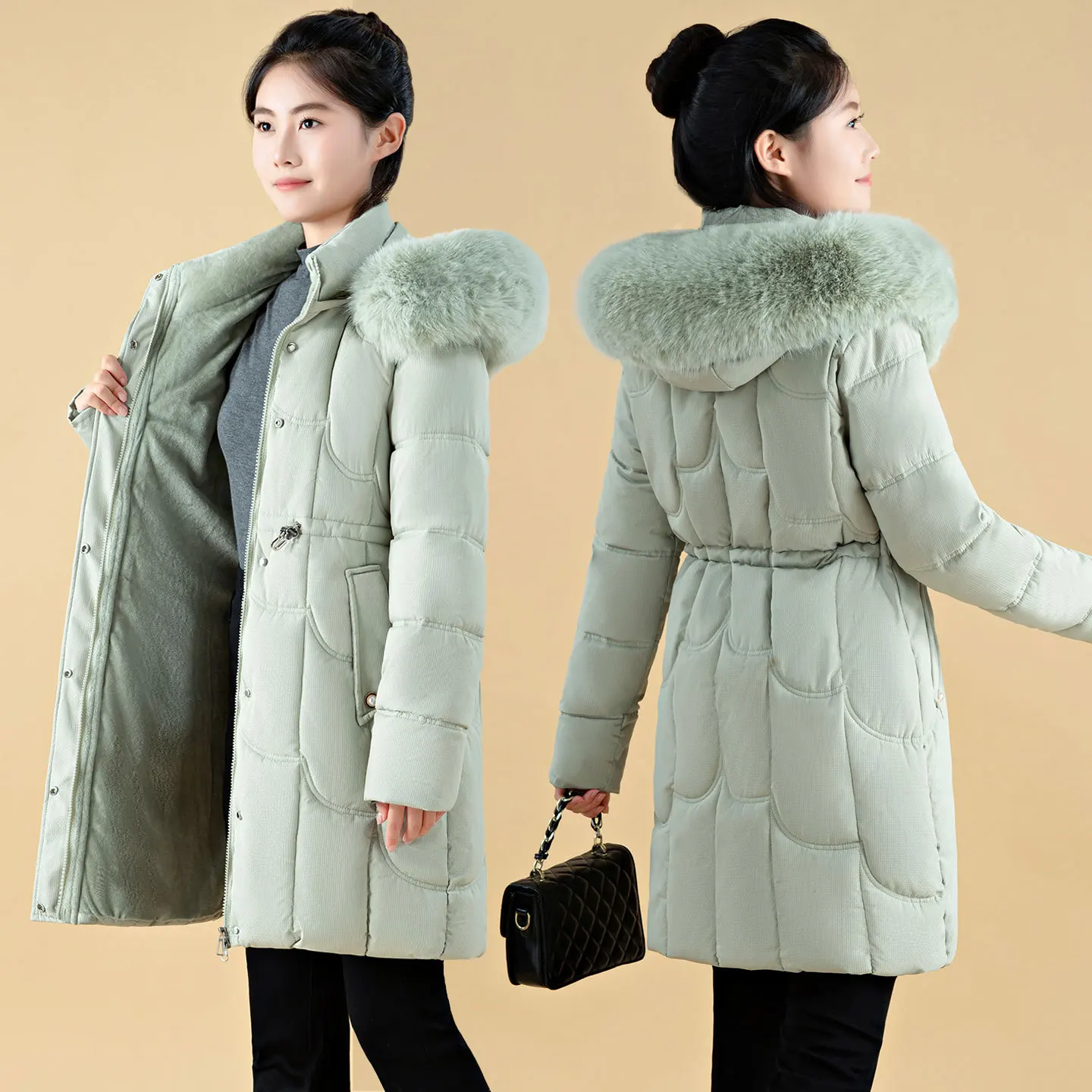 

Slim Winter Women Quilted Jacket Geometric Print Waist-cinching Button Parka Jacket For Lady Long Fur Hooded Female Padded Coat