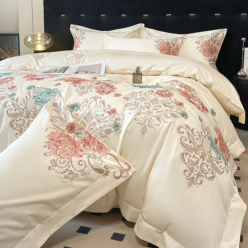 

2025 New 100%Cotton Chic Embroidery Bedding Set Double Queen King 4Pcs Duvet Cover Flat/Fitted Bed Sheet Pillowcases