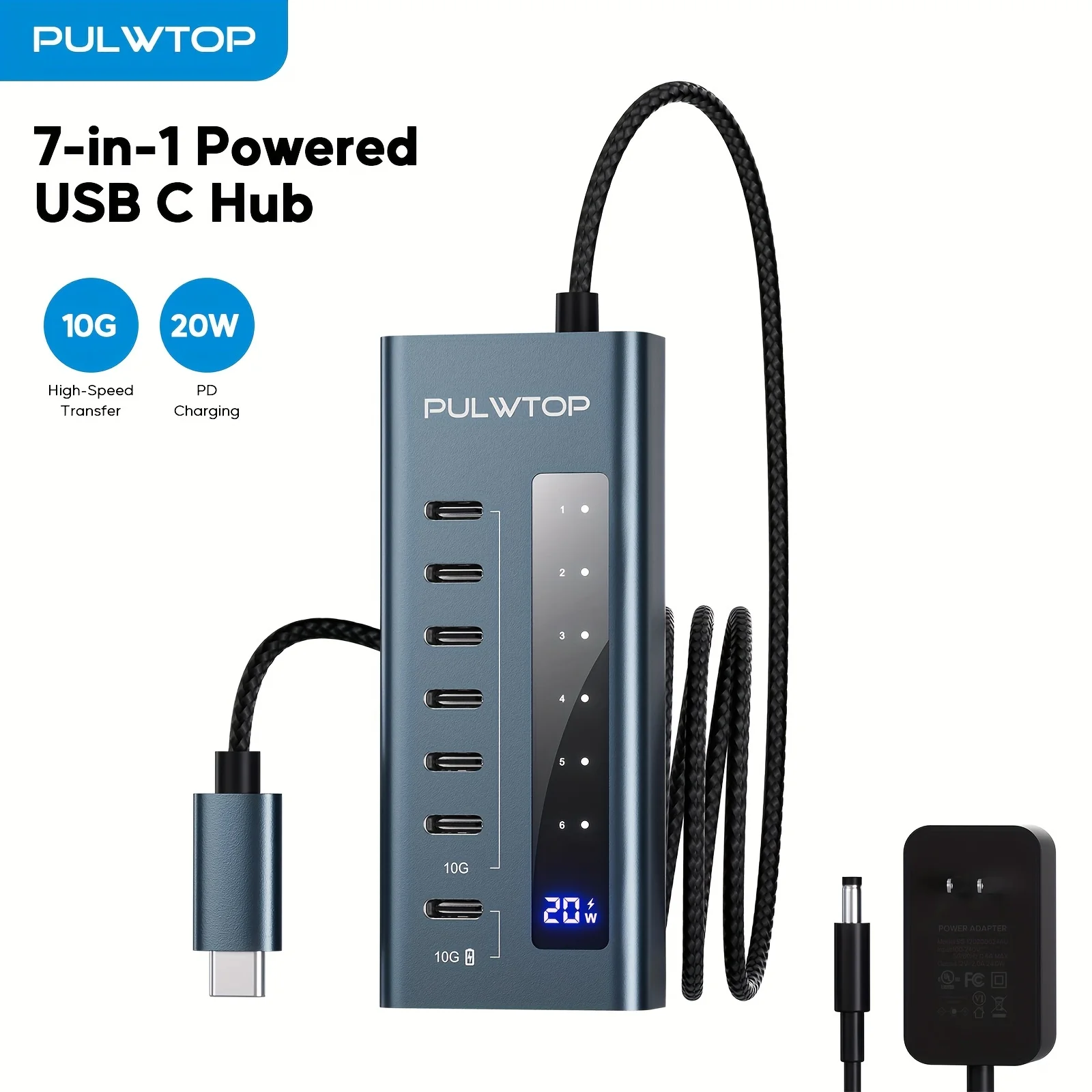 

PULWTOP Powered 7 in 1 USB C Hub Charging Station , Type C hub Support 10Gbps Data & Charging for iMac, MacBook Pro/Air, iPad