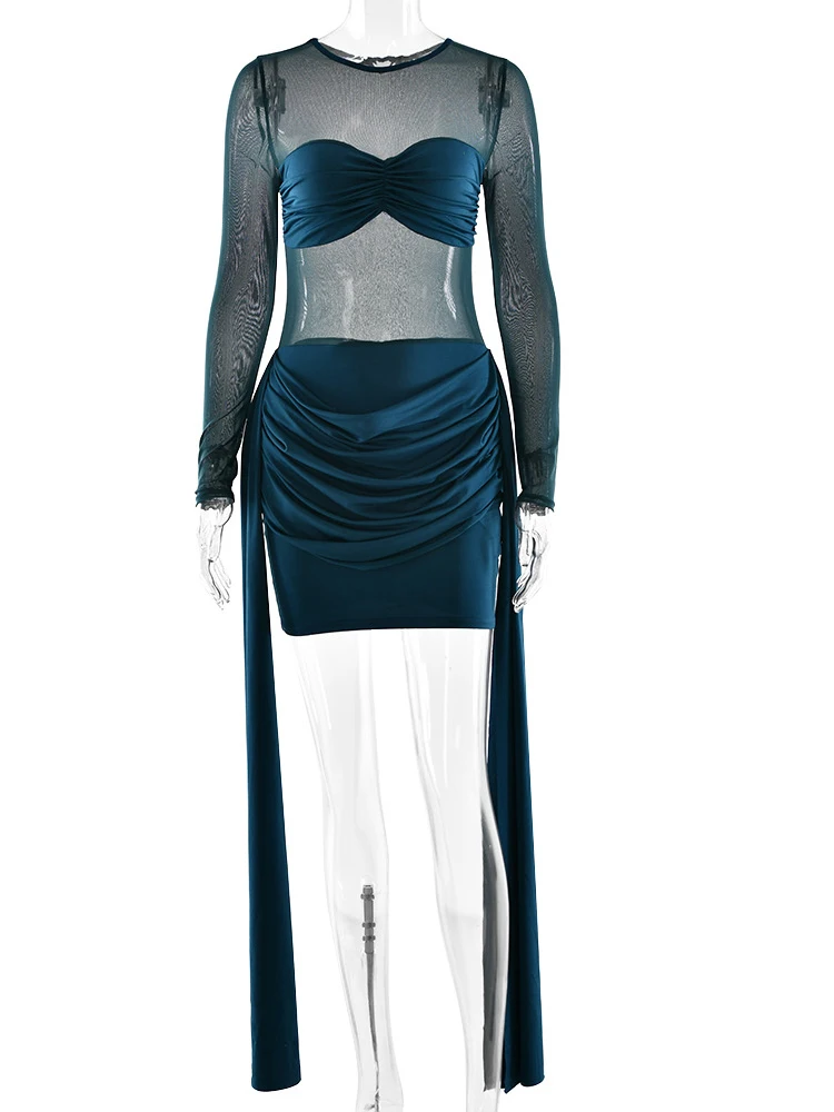 Fantoye Sexy Sheer Round Neck Ribbons Women Mini Dress Coffee Long Sleeve High Waist Dress Winter Skinny Elegant Party Clubwear