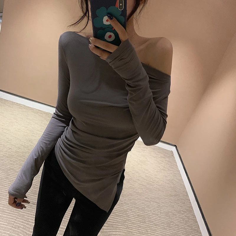 Sexy Off Shoulder T Shirt Women Cotton Long Sleeve Top T Shirts Autumn Korean Style Slim Elastic Irregular Split Tee Shirt Femme