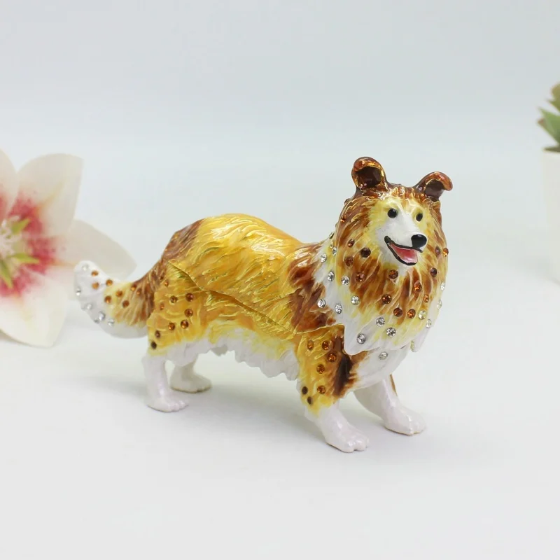 SHINNYGIFTS Collie Dog Trinket Box Enamel Dog Jewelry Box Hand Painted Collectible Animal Figurine for Home Decor