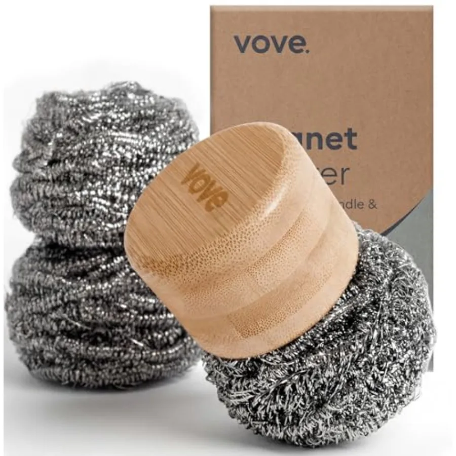 

Magnetic Scourer Rust-Free Stainless Steel Scrubber with FSC-Certified Bamboo Handle, 3 Replacement Pads, for Cast Iron, Pots a