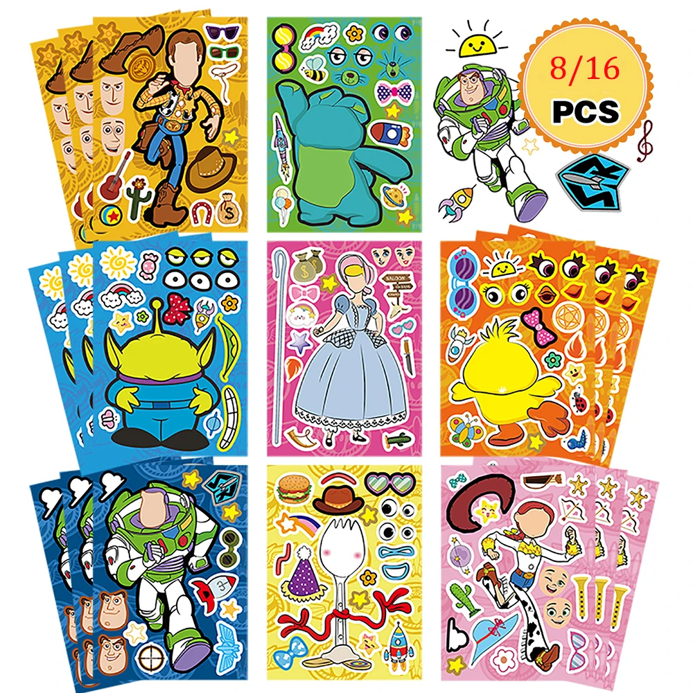 

8/16Sheets Disney Toy Story Make a Face Puzzle Stickers Game Children DIY Assemble Jigsaw Kids Toys Decoration Theme Party Gifts