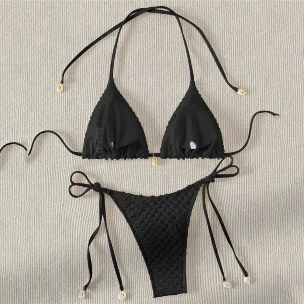 Black String Micro Bikini Thong Sexy Swimsuit Women 2024 Shell Decorate Swimwear Strój kąpielowy Halter Triangle Bikini Set Mujer