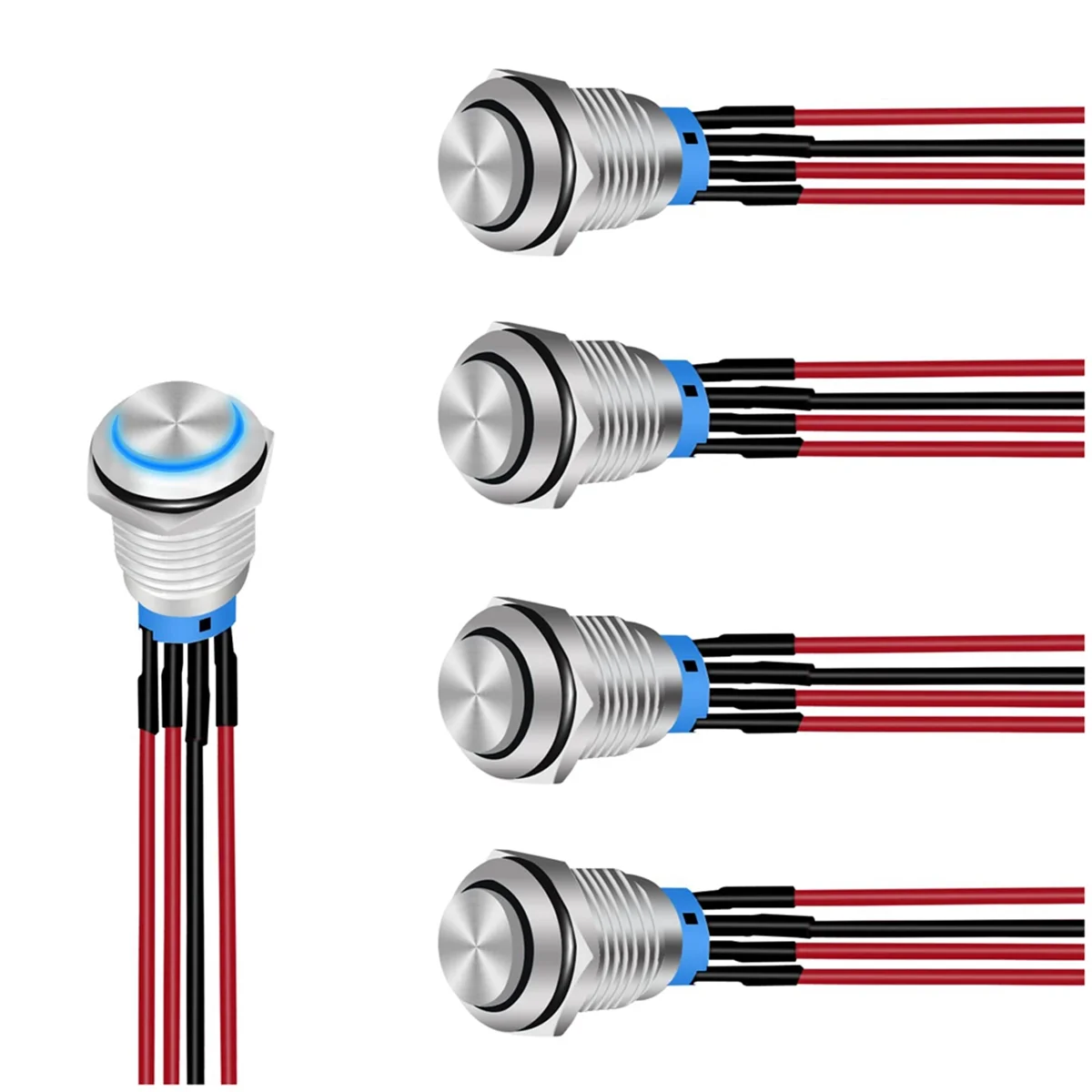 12mm Push Button Switch 5PCS with Pre Wired Harness 12V 24V Self Locking Latching LED Round Waterproof Metal Switch