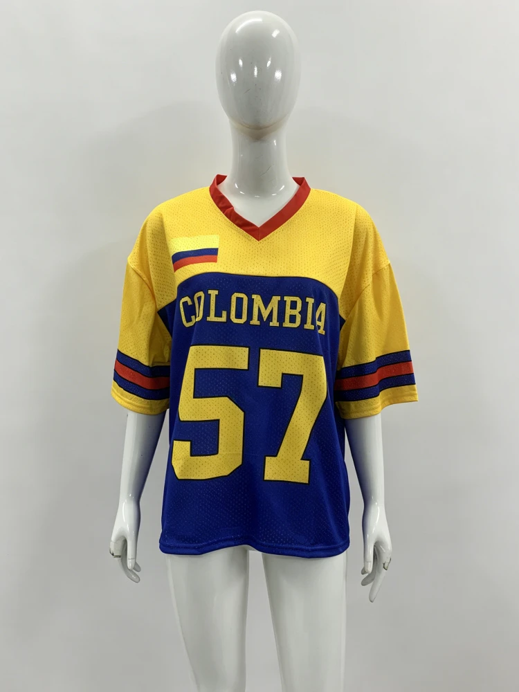 Y2K Colombia 57 Flag Print Football Jersey T-shirt Women's Loose Oversized V Neck Short Sleeve Sporty Casual Streetwear Top