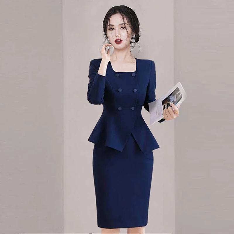 Fall OL Temperament Skirt Set Women Elegant Office Square Collar Blazer + High Waist Skirt High Quality Workwear 2 Piece Suit