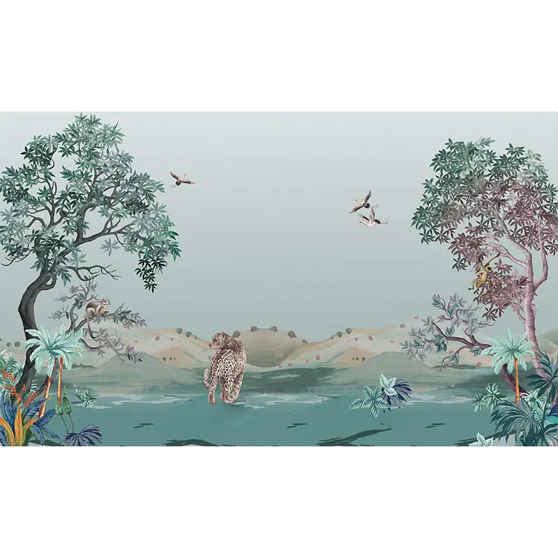 custom 3D large wallpaper mural hand-painted Nordic forest Tiger Elephant Giraffe kindergarten jungle sticker background wall
