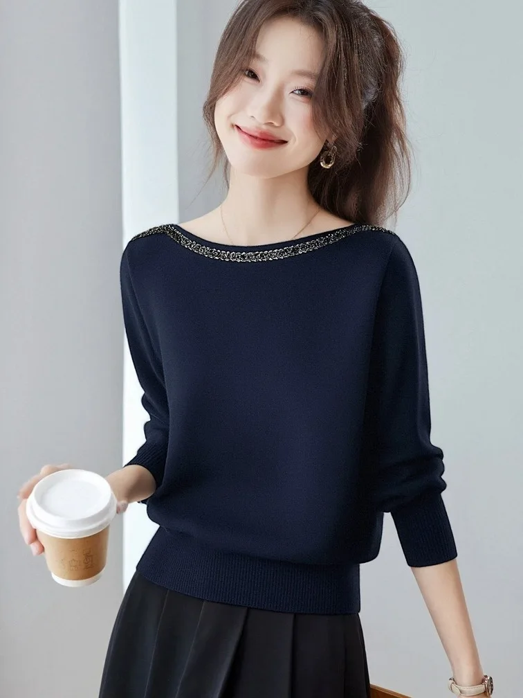 

High-End European Sle Beaded Knitted T-irt Base irt Women's Autumn Winter One oulder Sweater Soft Wool Blend Long Sve