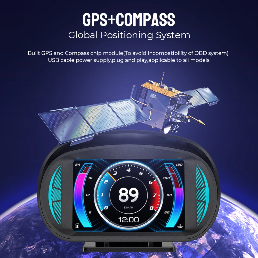 P2 OBD2 HUD Car Head Up Display Clock GPS Speedometer Slope Tilt Meter Overspeed Alarm Turbo Brake Test On Board Computer Tester