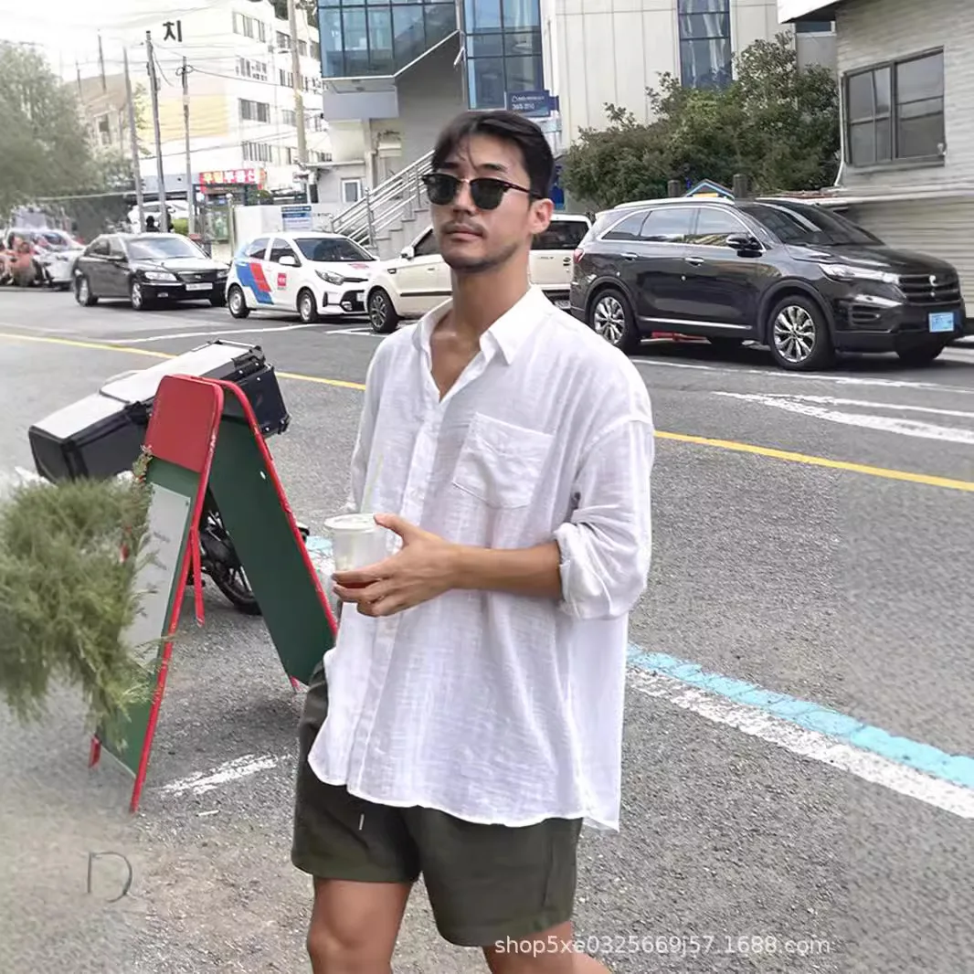 

2026 Spring Summer Men's Linen Shirt Blouse Top Long Sleeve Workwear Button Down Jacket Outfit Clothing