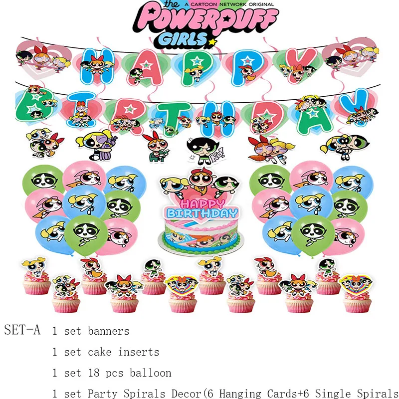 PowerPuff fiesta de cumpleaños temática para niñas, imagen de Anime, figura de acción, decoración, pancartas, inserciones de pastel, globo, accesorio para Festival, venta al por mayor