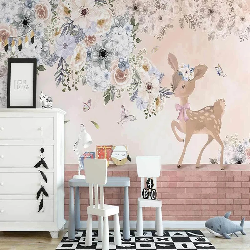 

Custom Wallpaper Nordic Flowers Deer Brick Wall Rabbit Murals Living Room Bedroom Home Decor Waterpr Papeloof Canvas 3D Fresco